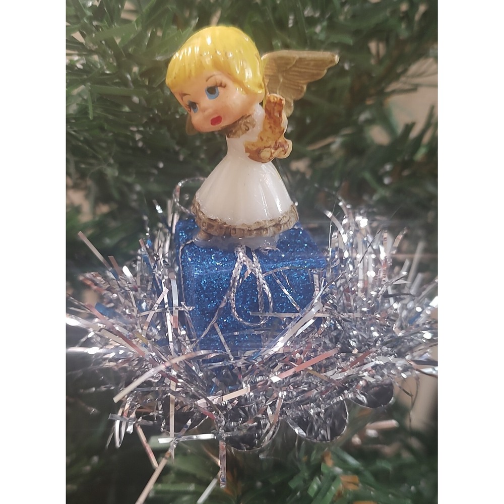 Vtg Angel Clip On Christmas Ornament Handmade Tart Tin Present Gift Tinsle O2